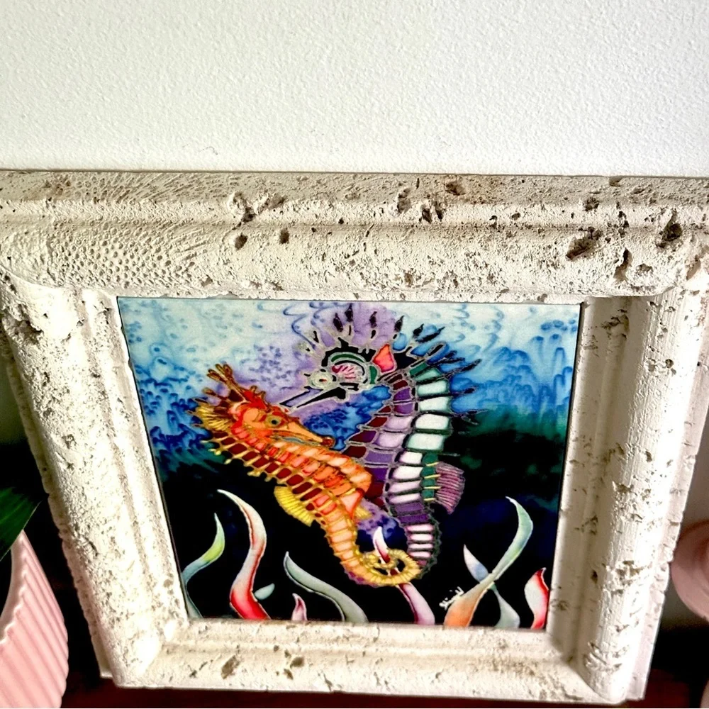Seahorse Ocean Art Painted Tile Lightweight Framed Signed Marine Unique Art